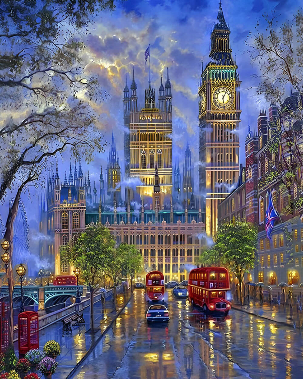 London big ben and red bus at night paint by numbers kit for beginners