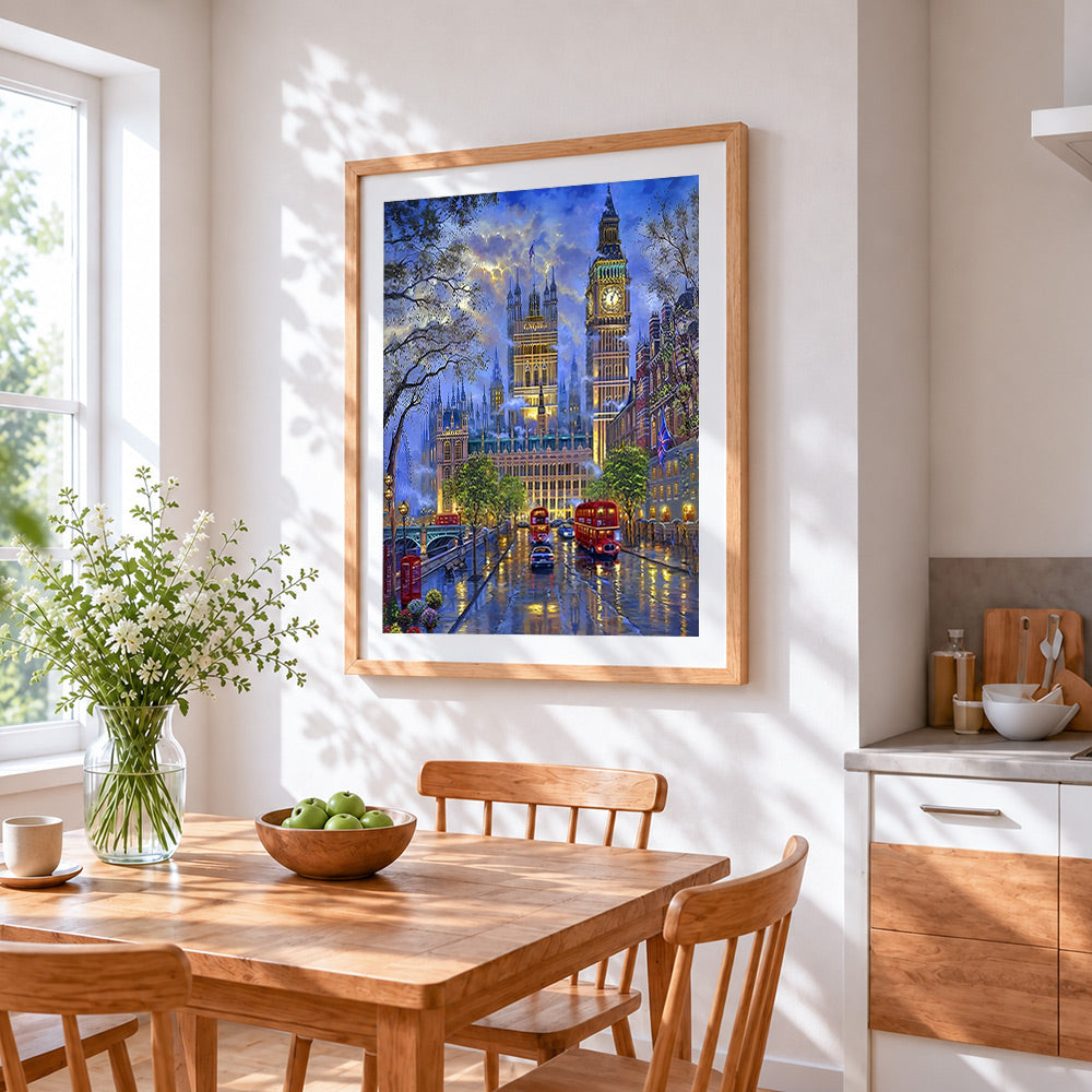 London big ben and red bus at night paint by numbers artwork displayed on wall as home decor