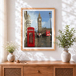 Finished london big ben and red telephone box cross stitch artwork displayed