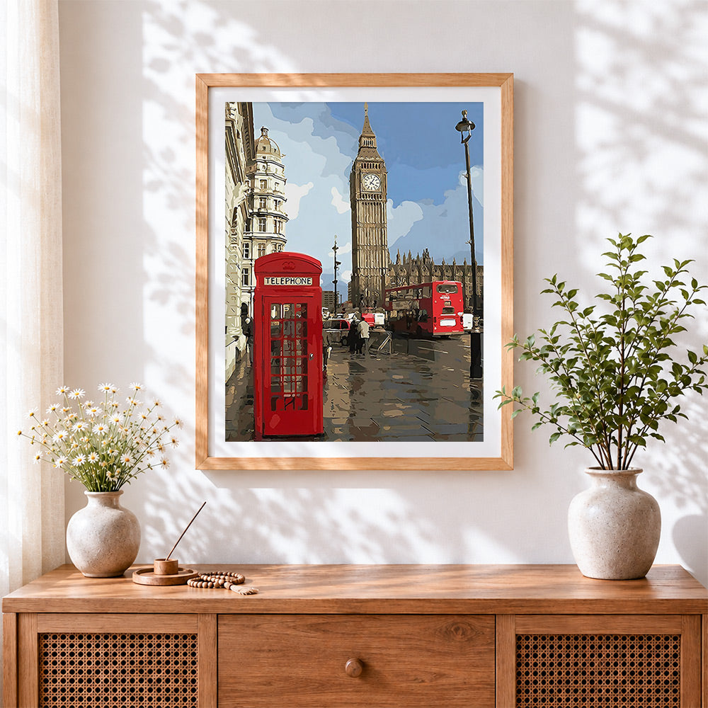 Finished london big ben and red telephone box cross stitch artwork displayed