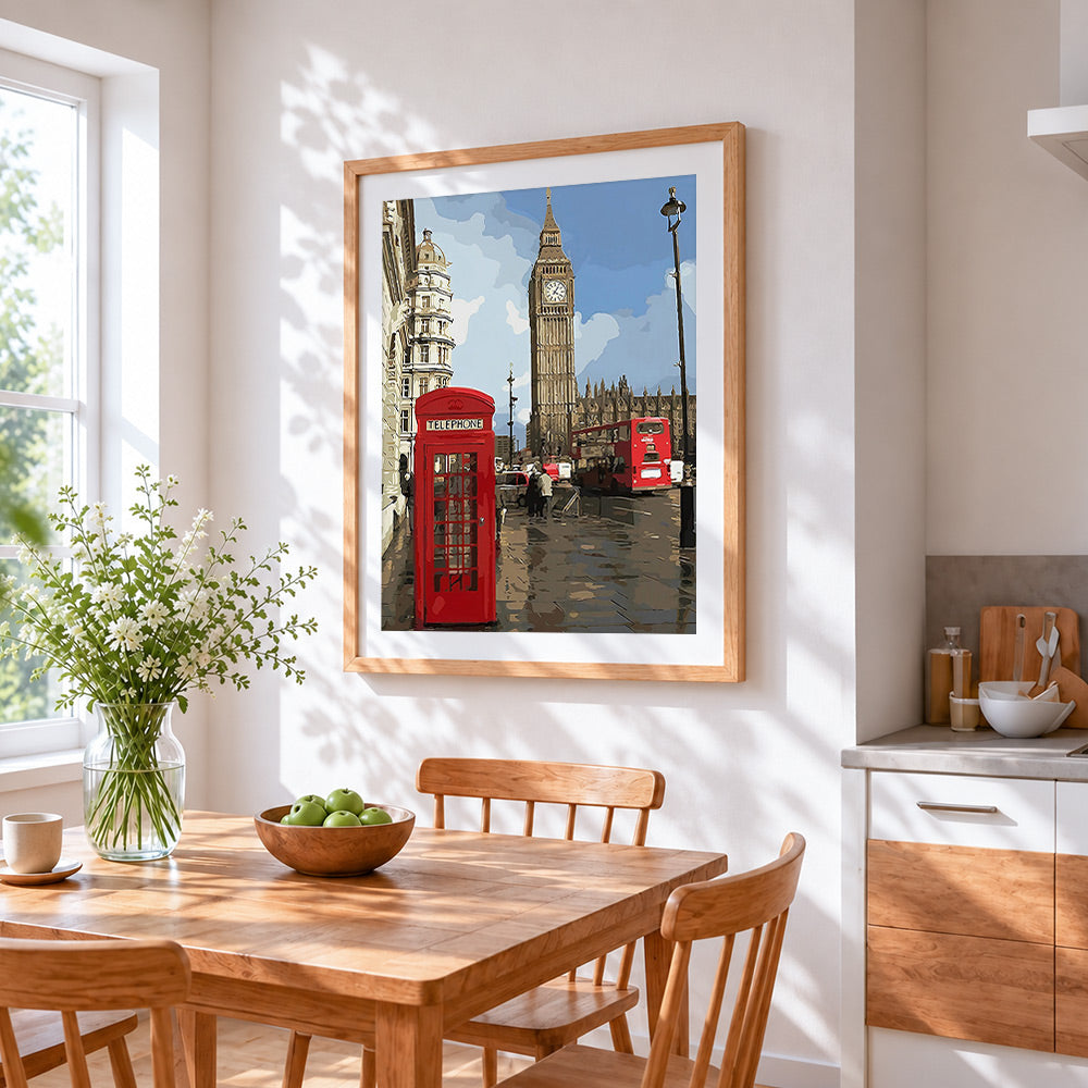 London big ben and red telephone box cross stitch artwork displayed on wall as home decor