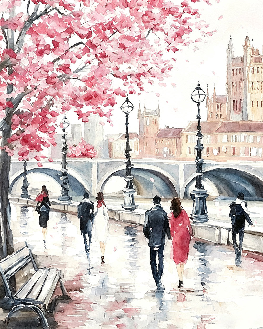 London cherry blossom and pedestrians cross stitch kit for beginners
