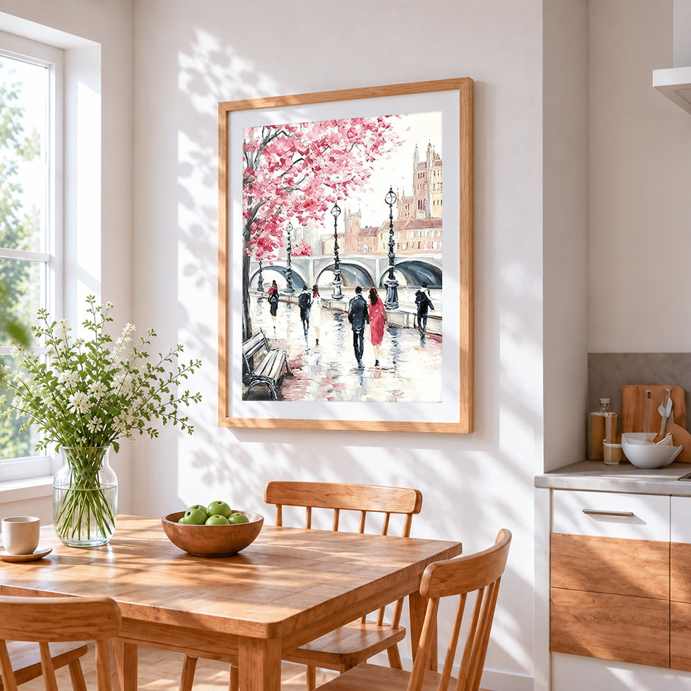 London cherry blossom and pedestrians cross stitch artwork displayed on wall as home decor