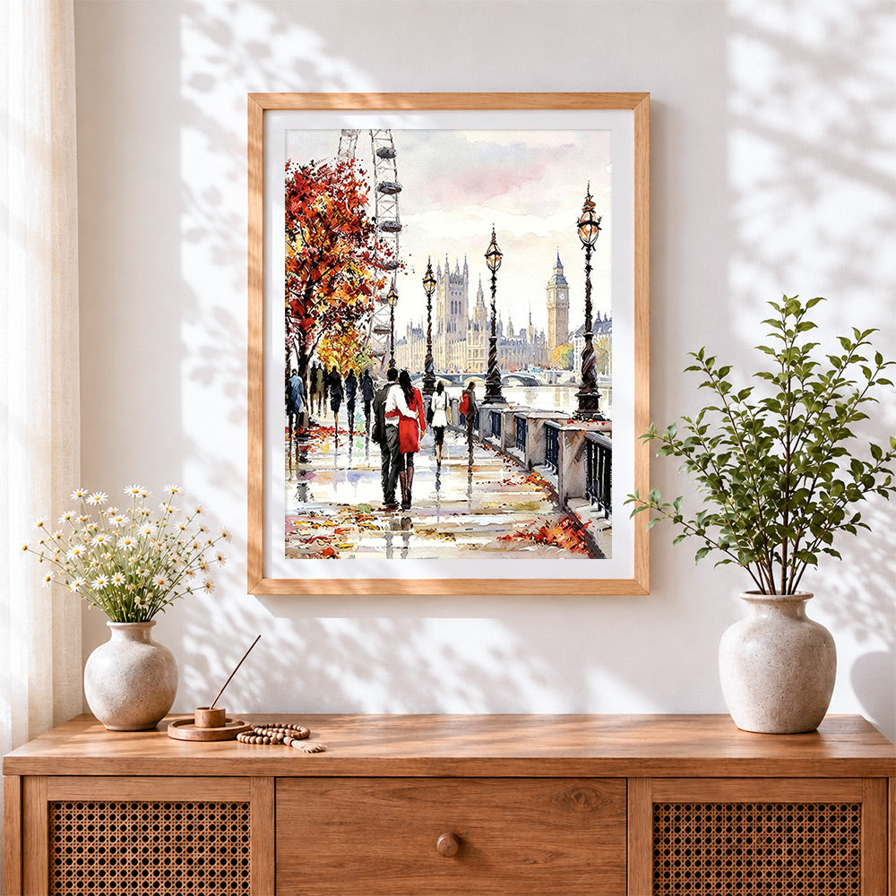 Finished london eye in autumn cross stitch artwork displayed