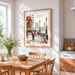 London eye in autumn cross stitch artwork displayed on wall as home decor