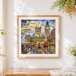 Finished london houses of parliament and big ben cross stitch artwork displayed
