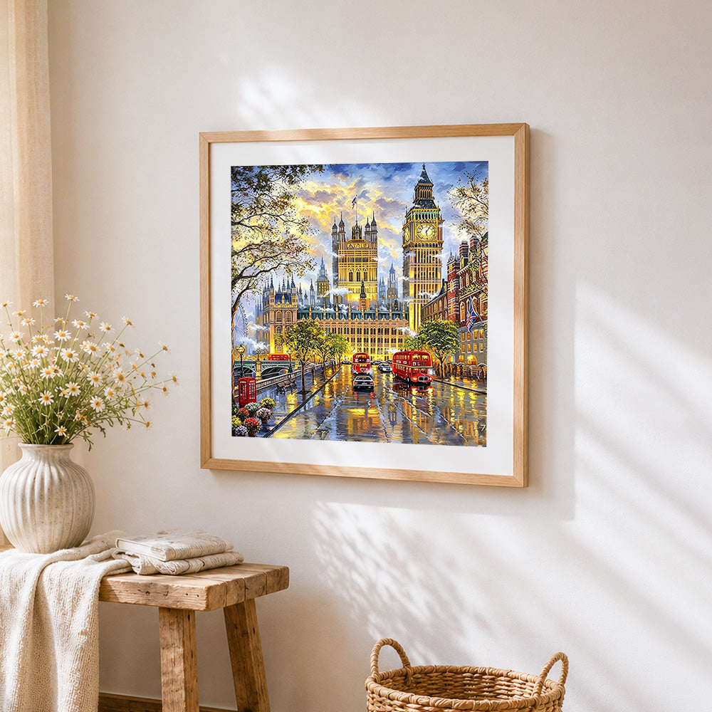 London houses of parliament and big ben cross stitch artwork displayed on wall as home decor