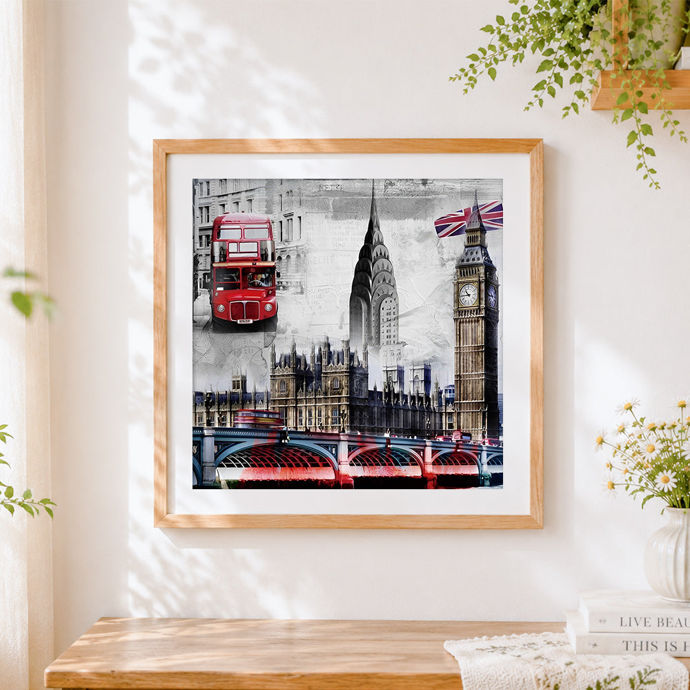Finished london icons collage cross stitch artwork displayed