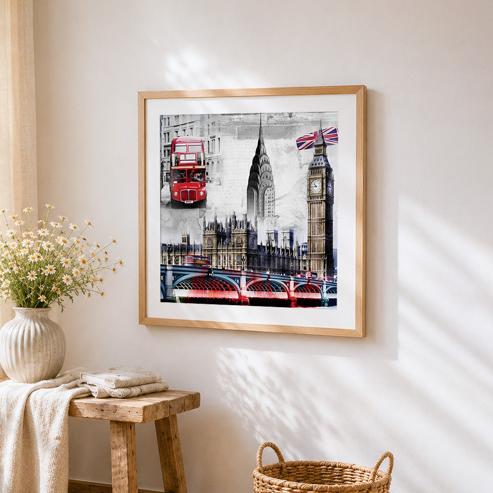 London icons collage cross stitch artwork displayed on wall as home decor