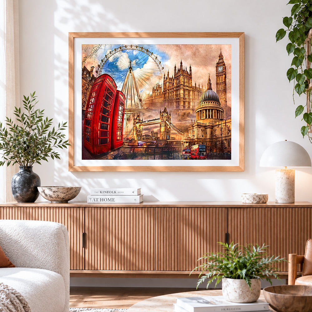 Finished london landmarks collage with red telephone box paint by numbers artwork displayed as home decor