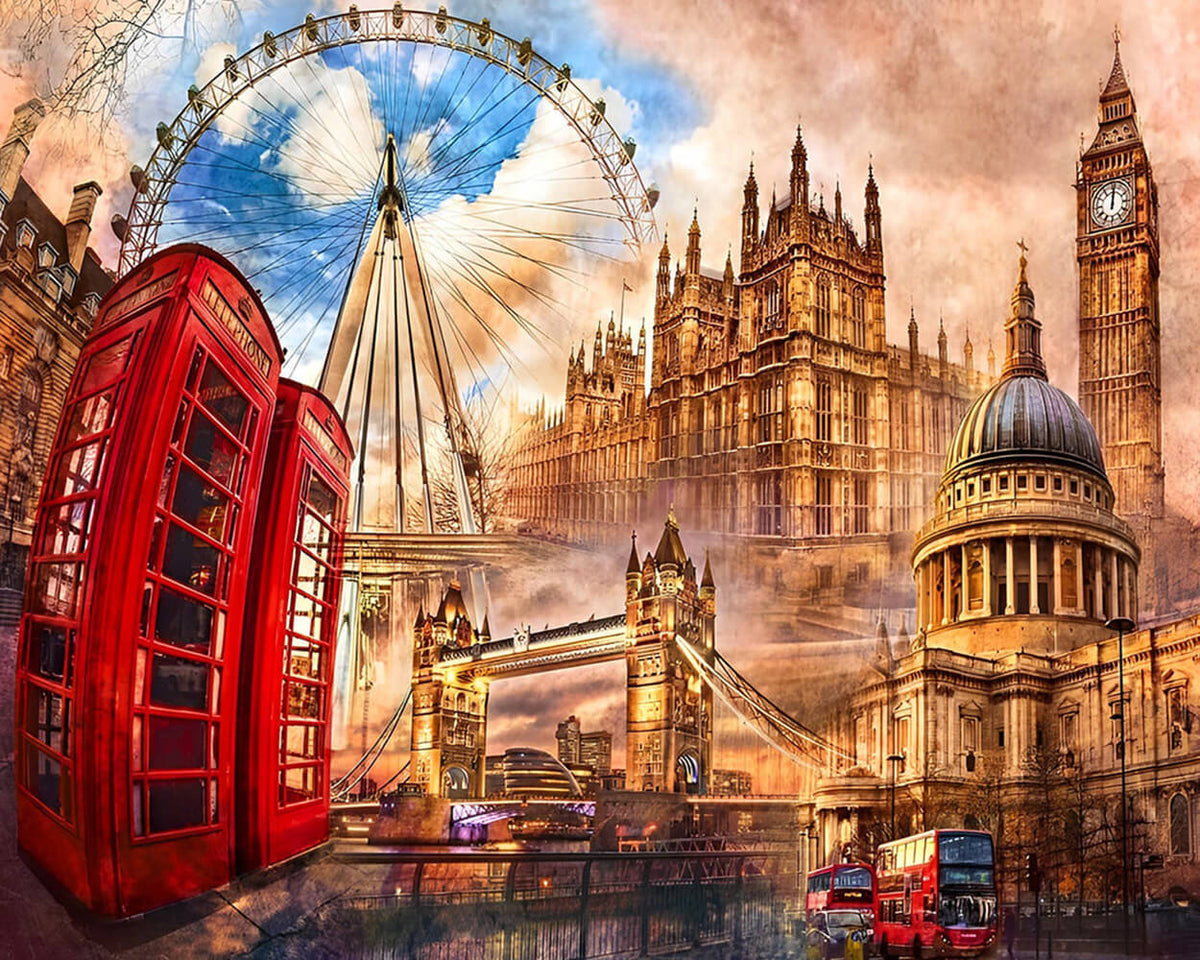 London landmarks collage with red telephone box paint by numbers kit for beginners