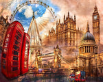 London landmarks collage with red telephone box paint by numbers kit for beginners