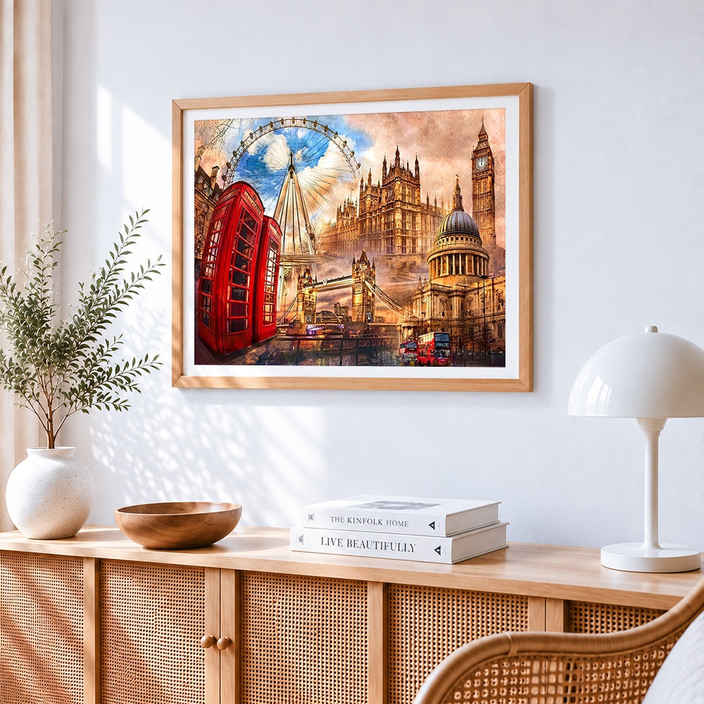 London landmarks collage with red telephone box paint by numbers artwork displayed on wall as home decor