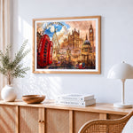 London landmarks collage with red telephone box paint by numbers artwork displayed on wall as home decor
