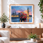 Finished london red bus and big ben at sunset paint by numbers artwork displayed as home decor