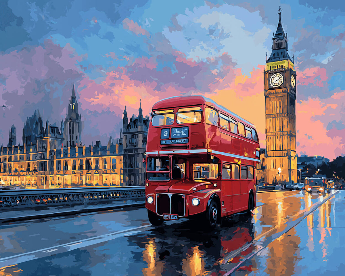 London red bus and big ben at sunset paint by numbers kit for beginners
