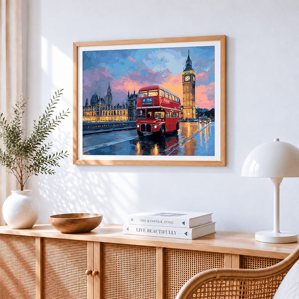 London red bus and big ben at sunset paint by numbers artwork displayed on wall as home decor