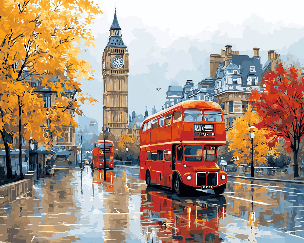 London red bus and big ben in autumn cross stitch kit for beginners