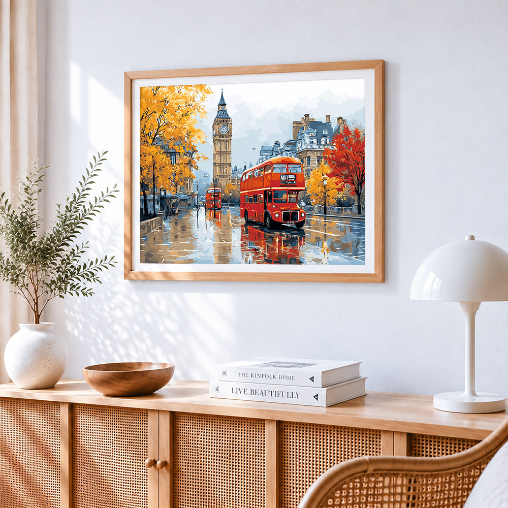 London red bus and big ben in autumn cross stitch artwork displayed on wall as home decor