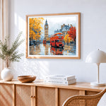 London red bus and big ben in autumn paint by numbers artwork displayed on wall as home decor