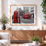 Finished london red telephone box and bus paint by numbers artwork displayed as home decor