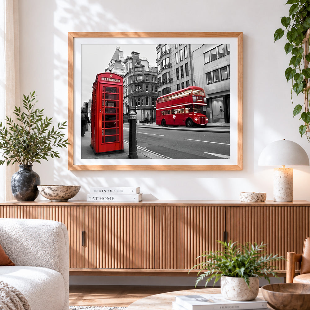 Finished london red telephone box and bus paint by numbers artwork displayed as home decor