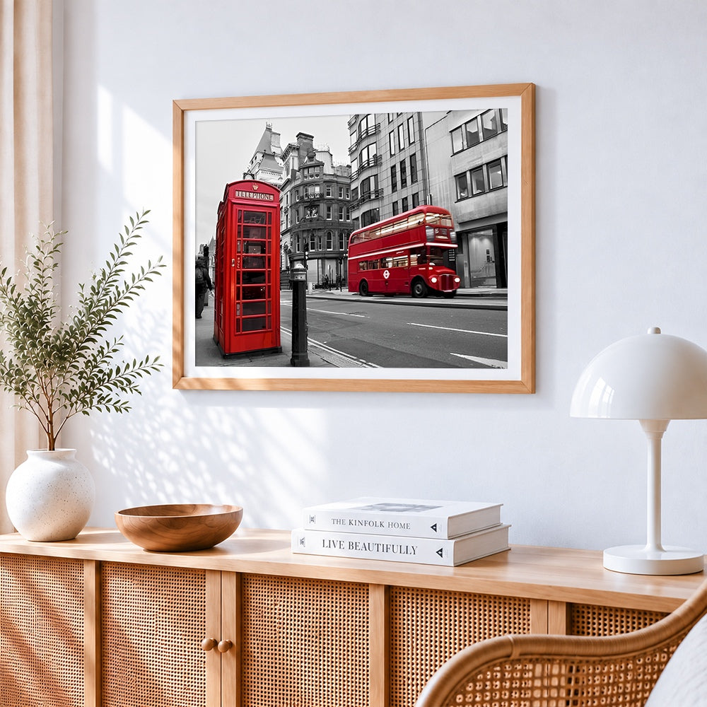 London red telephone box and bus paint by numbers artwork displayed on wall as home decor