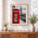 Finished london red telephone box cross stitch artwork displayed