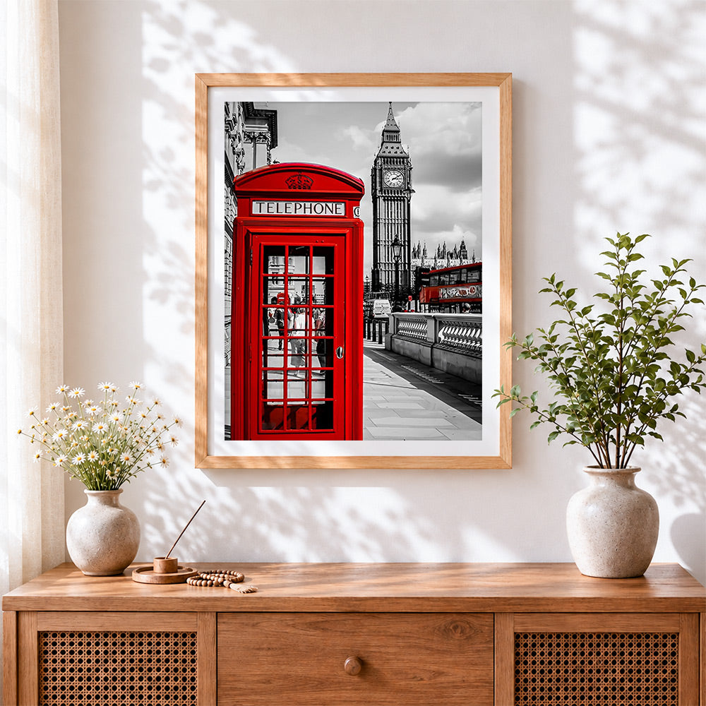 Finished london red telephone box cross stitch artwork displayed