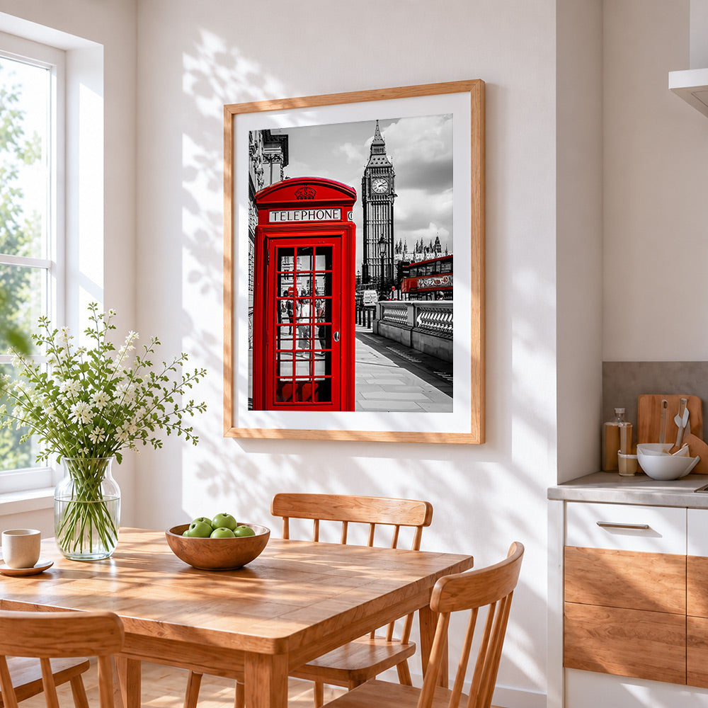 London red telephone box cross stitch artwork displayed on wall as home decor