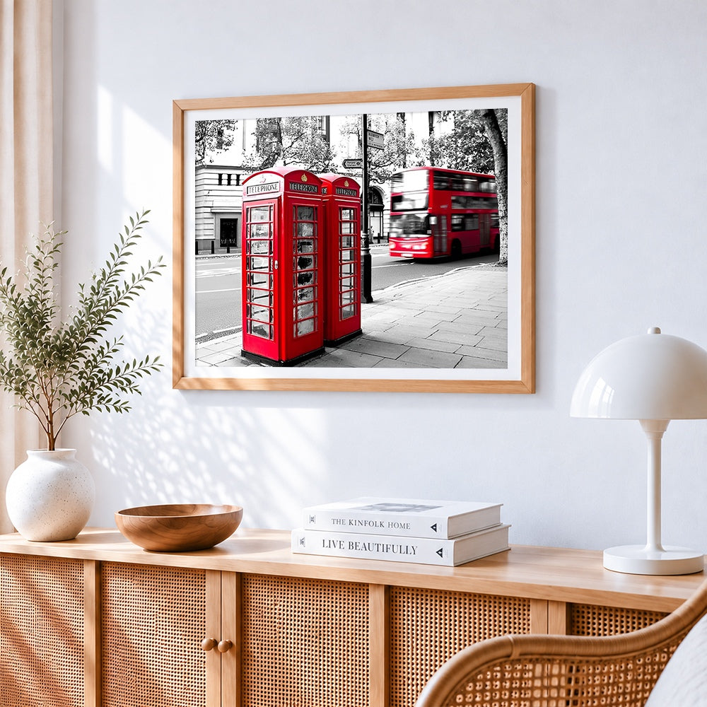 London red telephone boxes and bus cross stitch artwork displayed on wall as home decor
