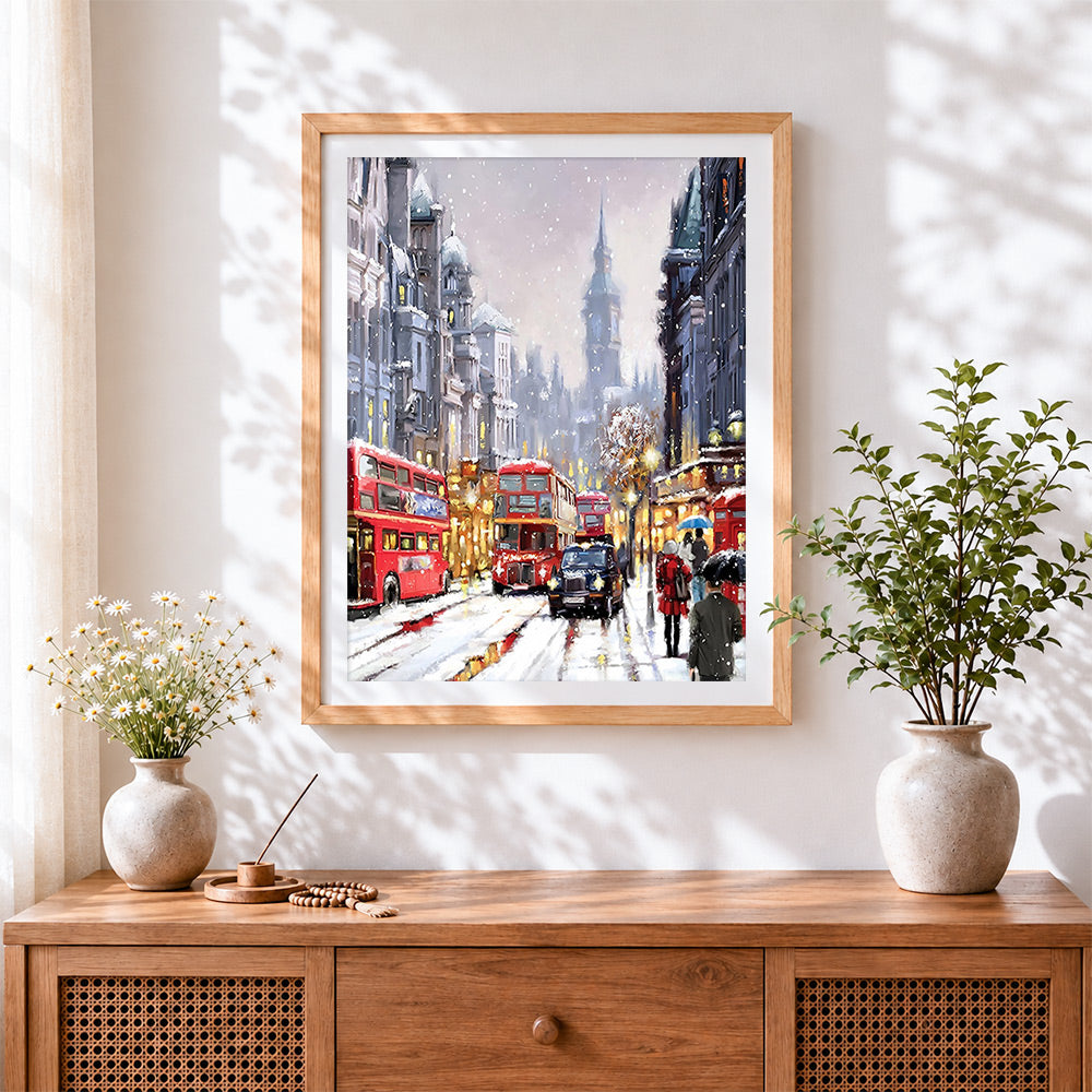 Finished london snow scene cross stitch artwork displayed