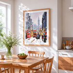 London snow scene cross stitch artwork displayed on wall as home decor