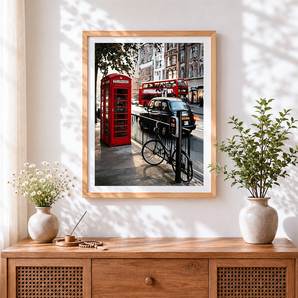 Finished london street scene cross stitch artwork displayed