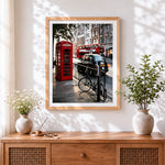 Finished london street scene cross stitch artwork displayed