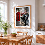 London street scene cross stitch artwork displayed on wall as home decor