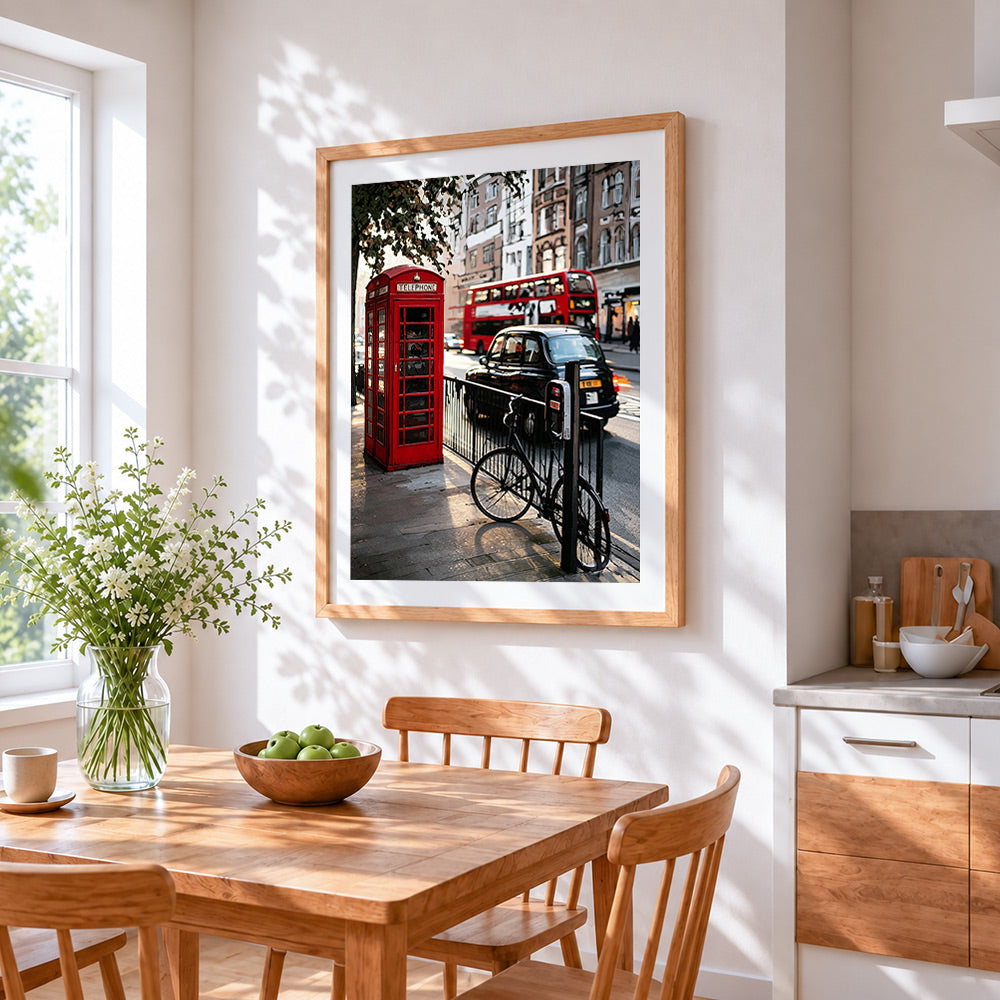 London street scene cross stitch artwork displayed on wall as home decor