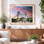 Finished london tower bridge illuminated at dusk cross stitch artwork displayed