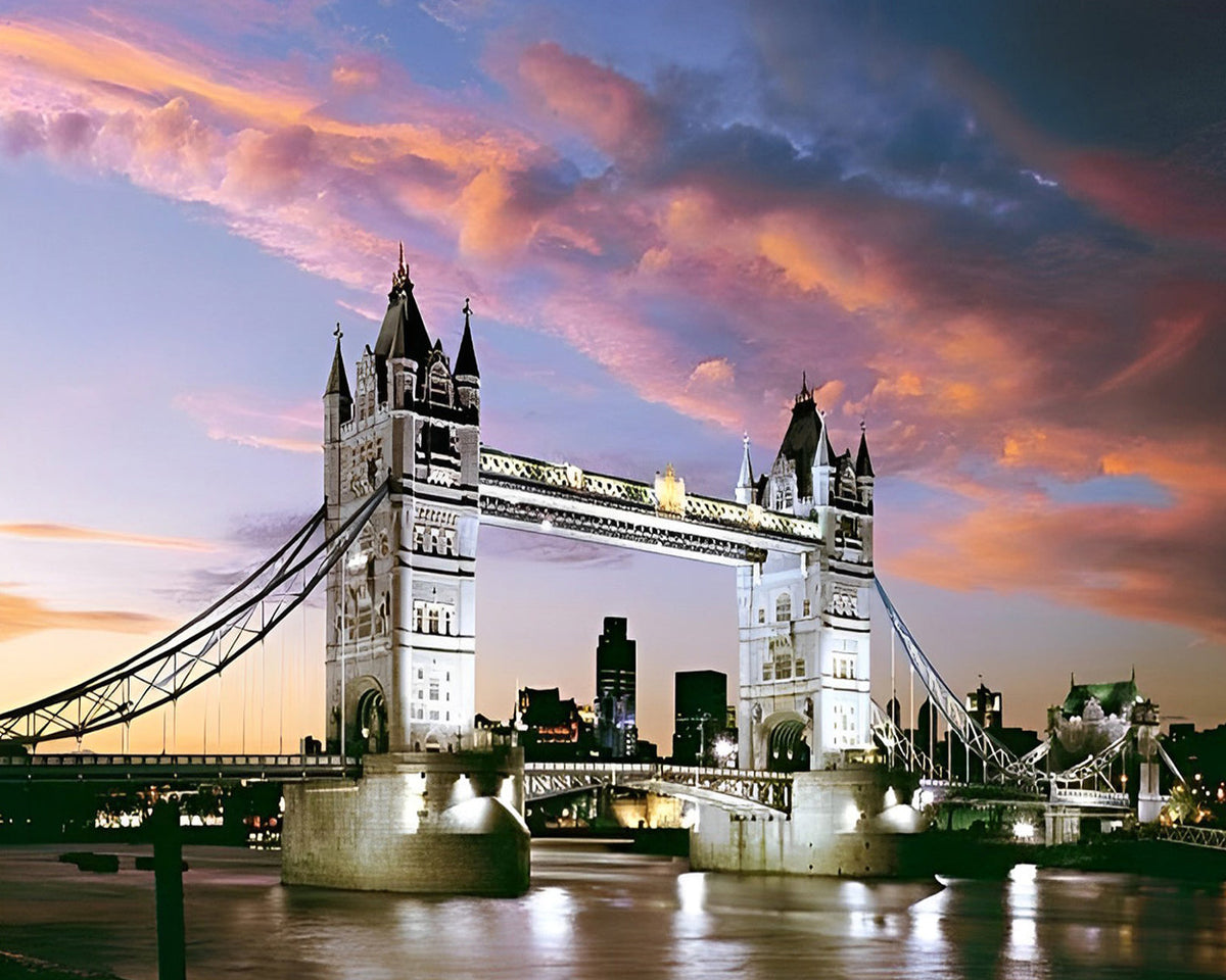 London tower bridge illuminated at dusk cross stitch kit for beginners