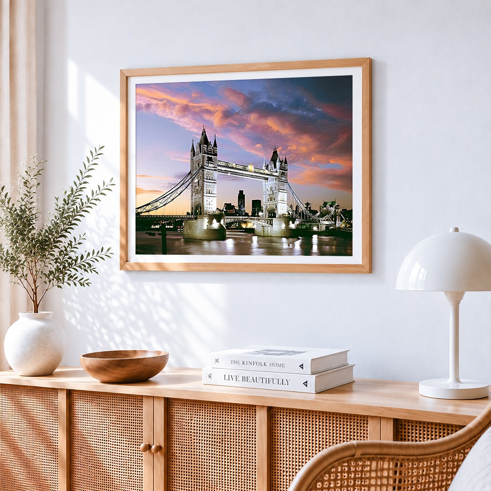London tower bridge illuminated at dusk cross stitch artwork displayed on wall as home decor