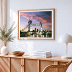 London tower bridge illuminated at dusk cross stitch artwork displayed on wall as home decor