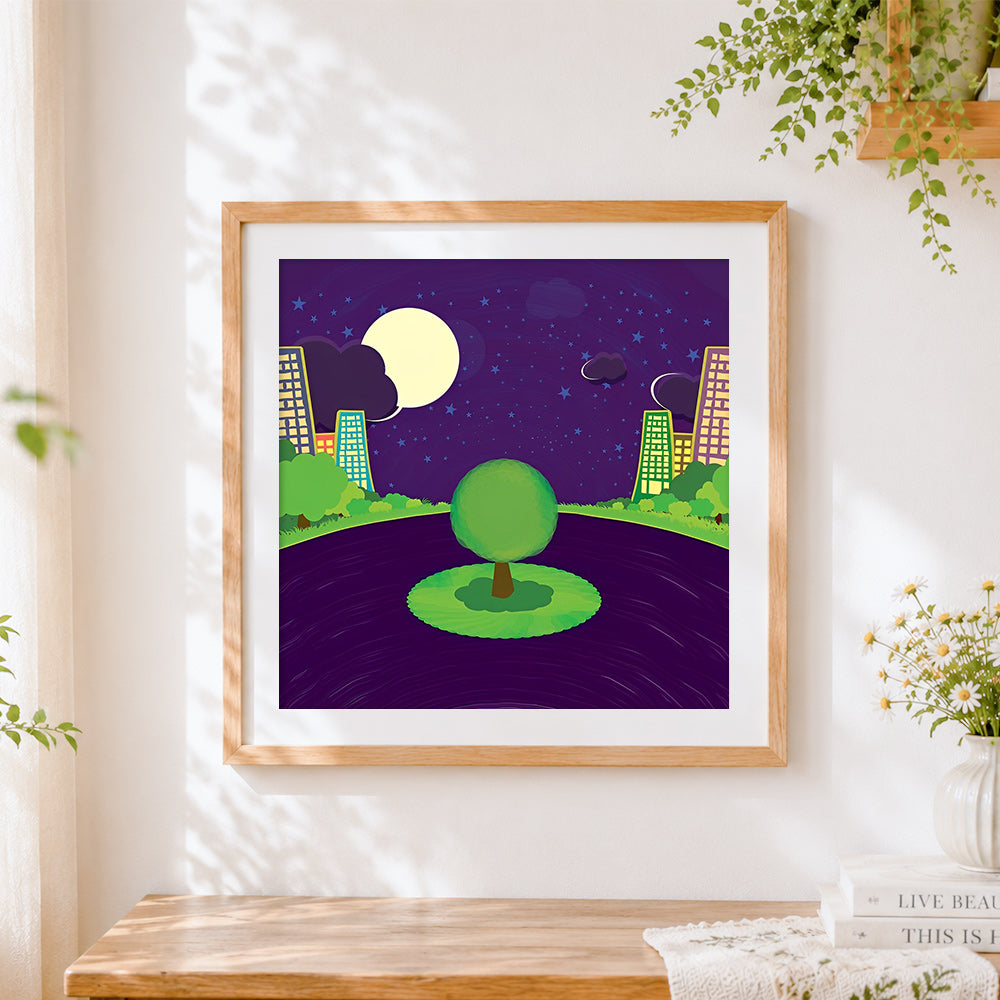Finished lone green tree in a purple city nightscape cross stitch artwork displayed