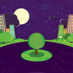 Lone green tree in a purple city nightscape cross stitch kit for beginners