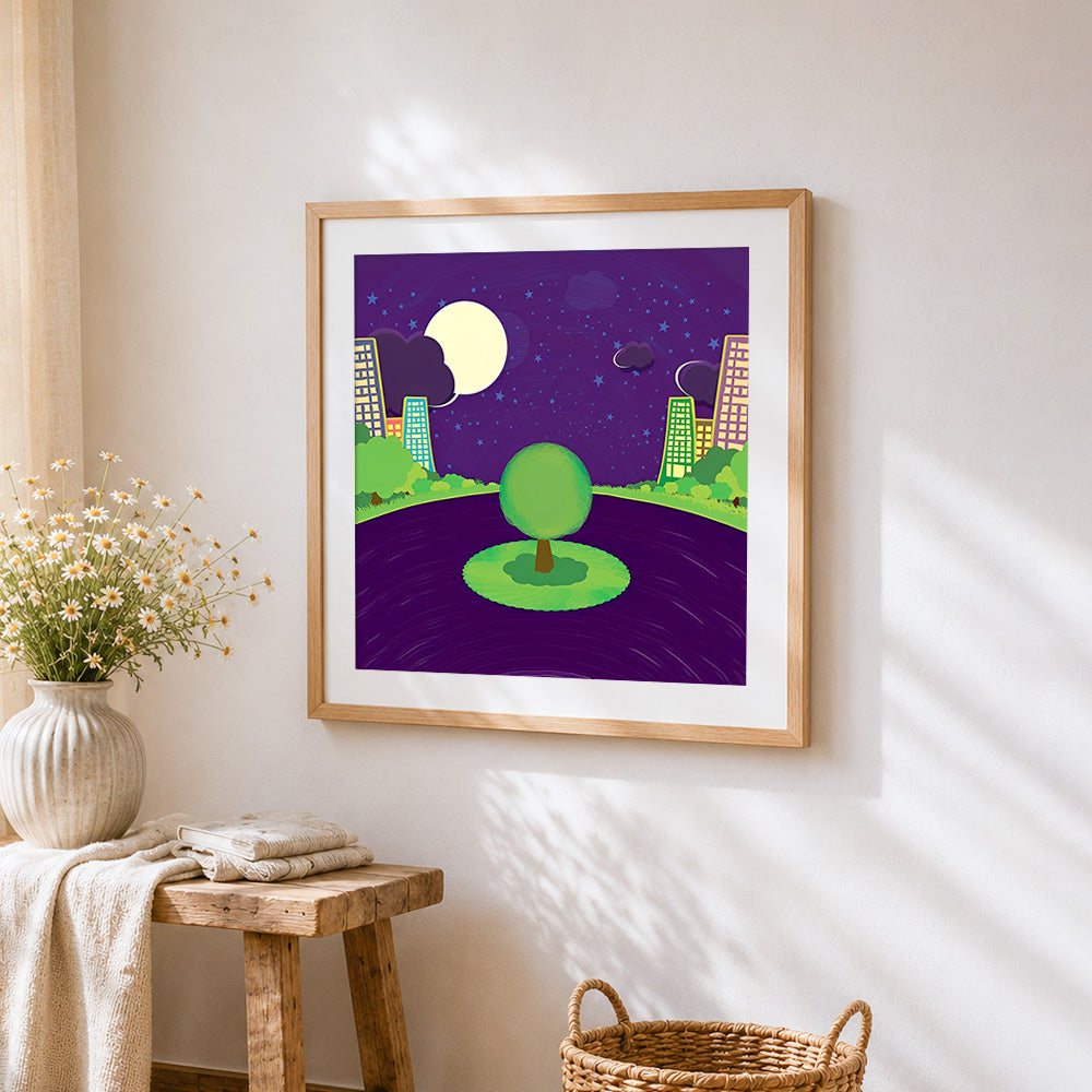 Lone green tree in a purple city nightscape cross stitch artwork displayed on wall as home decor
