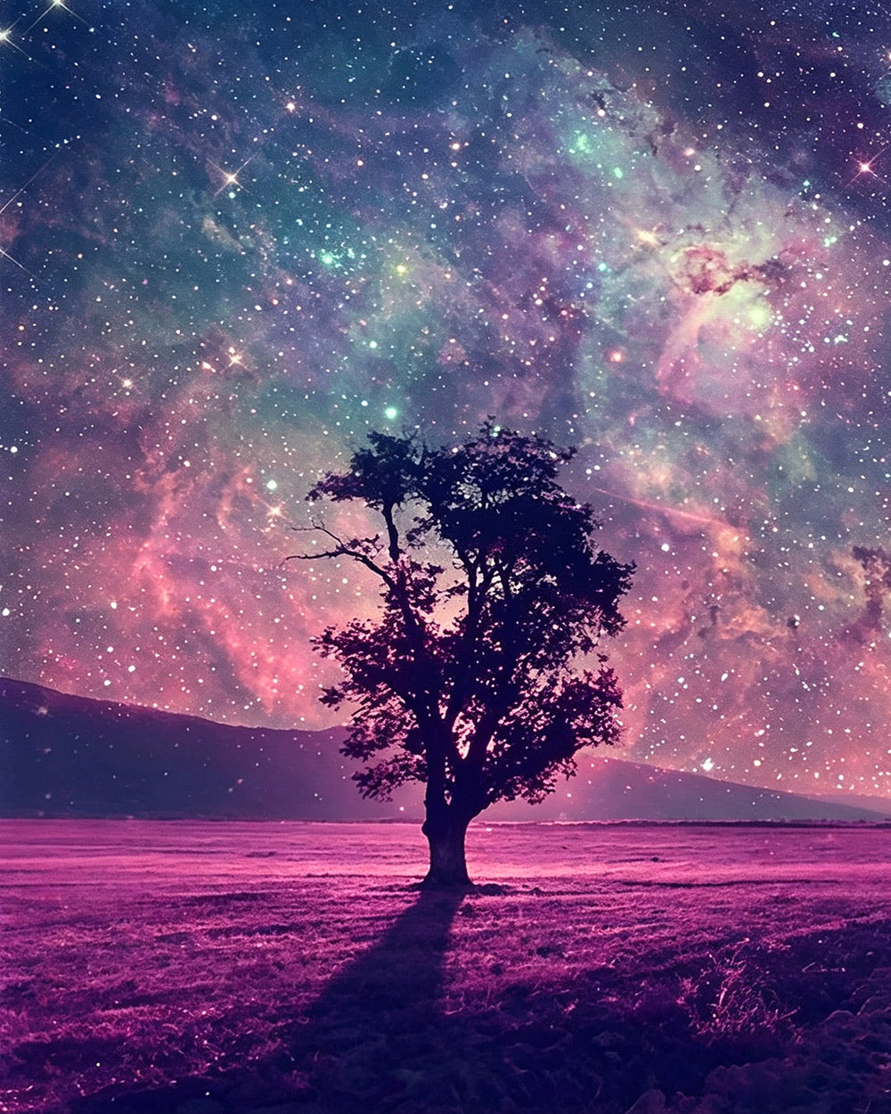 Lone tree under a pink galaxy cross stitch kit for beginners