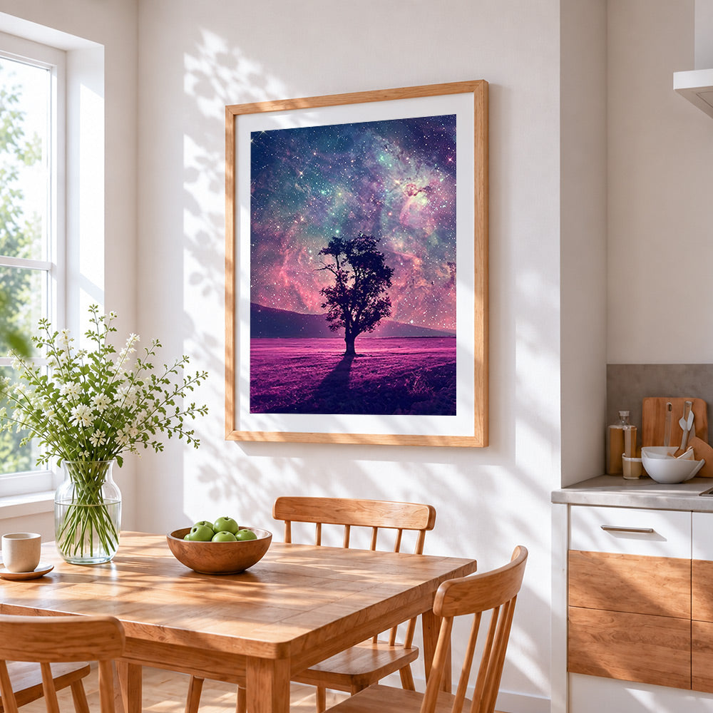 Lone tree under a pink galaxy paint by numbers artwork displayed on wall as home decor