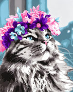 Long haired cat with flower crown cross stitch kit for beginners