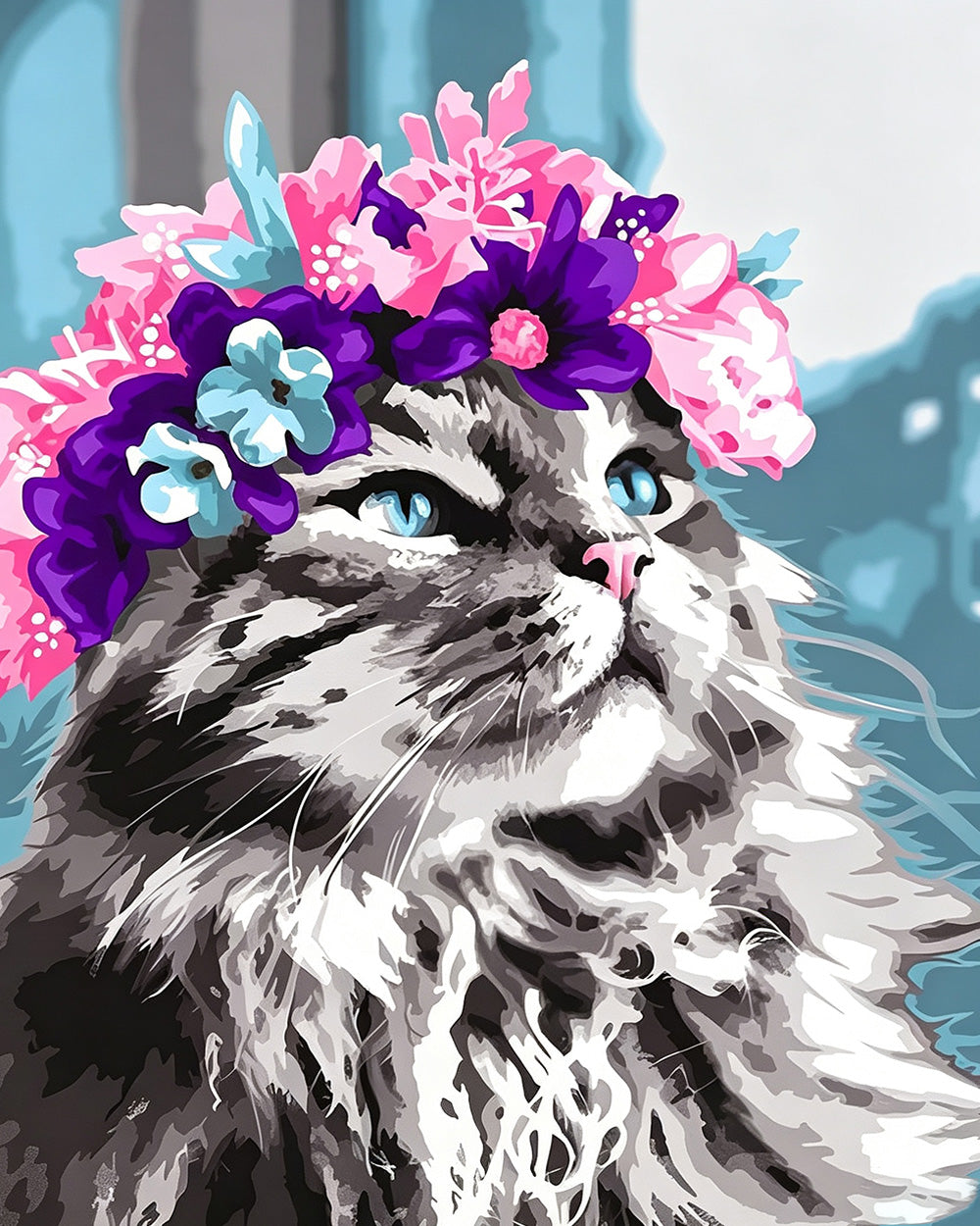 Long haired cat with flower crown cross stitch kit for beginners