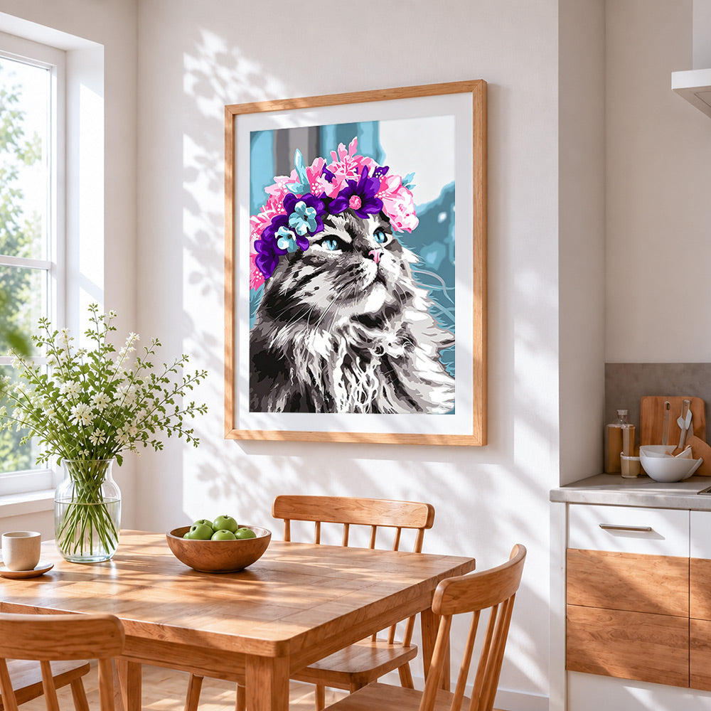 Long haired cat with flower crown cross stitch artwork displayed on wall as home decor