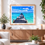 Finished long wooden pier over turquoise sea cross stitch artwork displayed